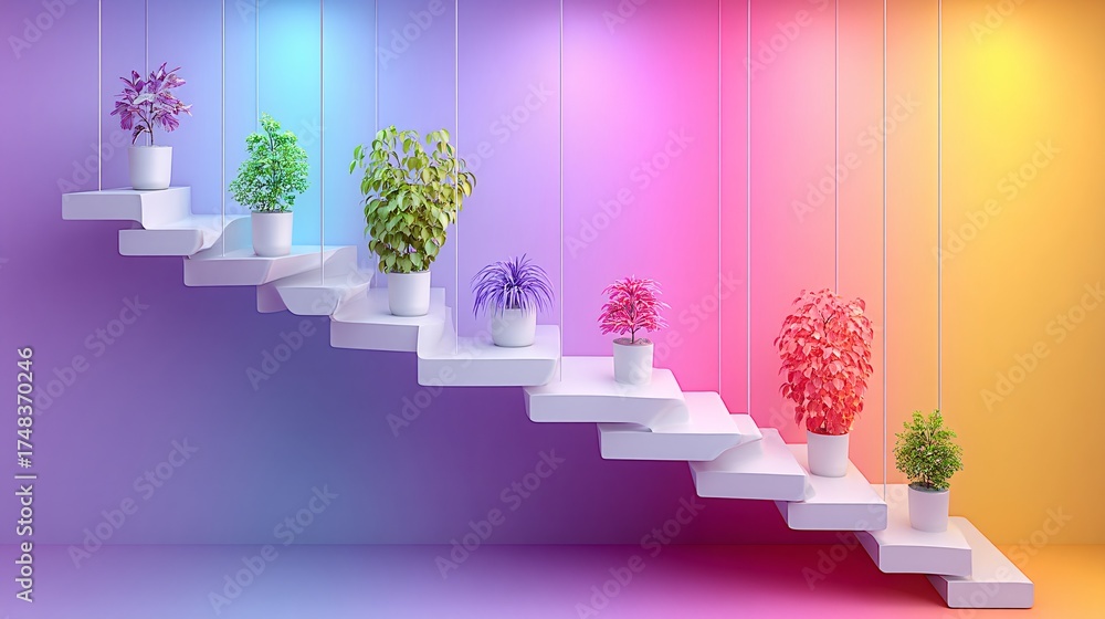 Obraz premium illustration of a white staircase from a low angle, looking up. The wall beside it is a gradient of a few pastel colors, subtly shifting from one to the next. A cluster of different small potted 