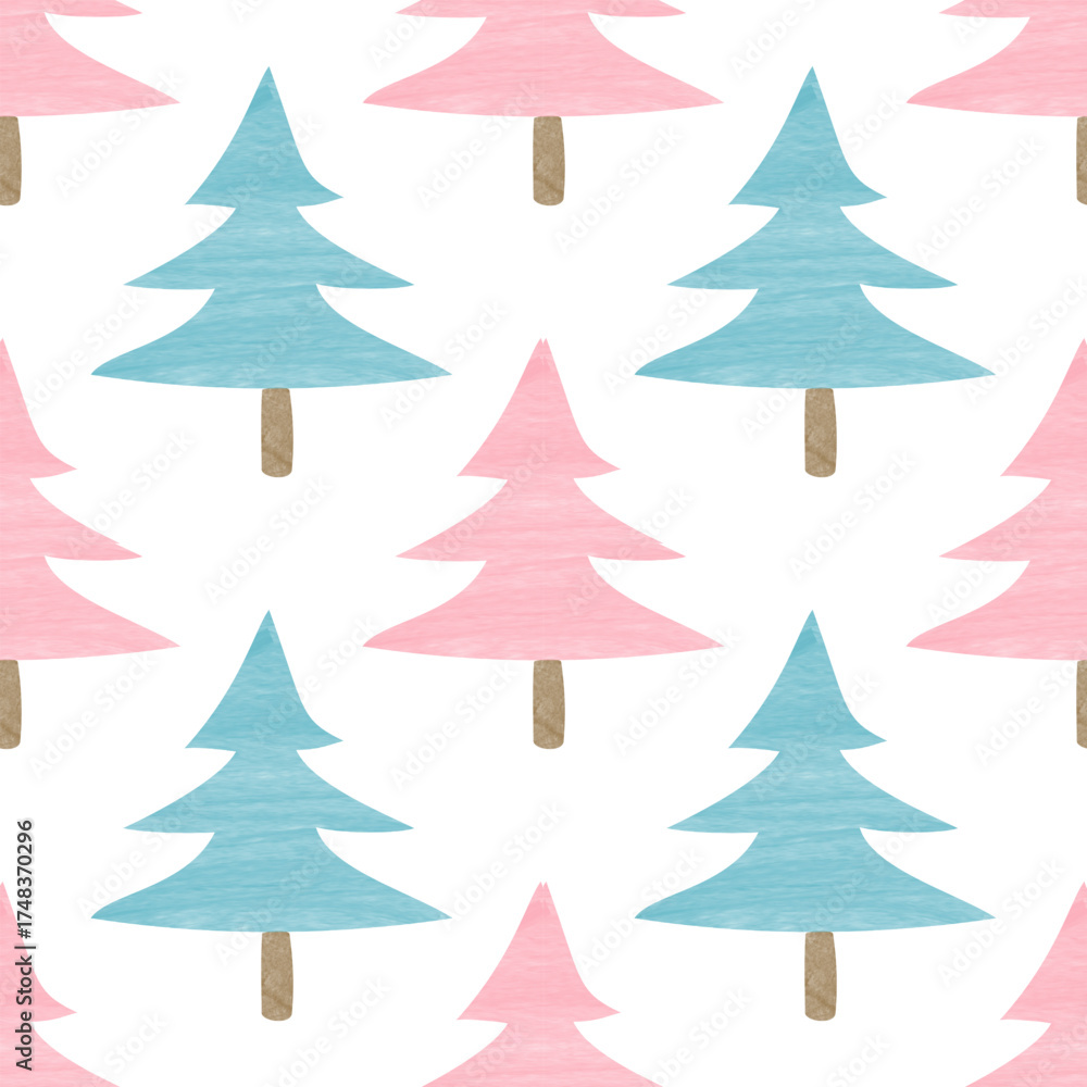 Obraz premium Watercolor Christmas Pine Trees Seamless Pattern Pink Blue Festive Winter Holiday Background