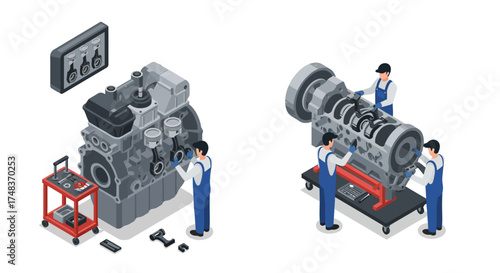Isometric engine assembly with technicians in workshop setting