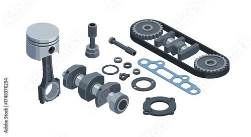 Automotive engine parts in isometric view for mechanical design and engineering