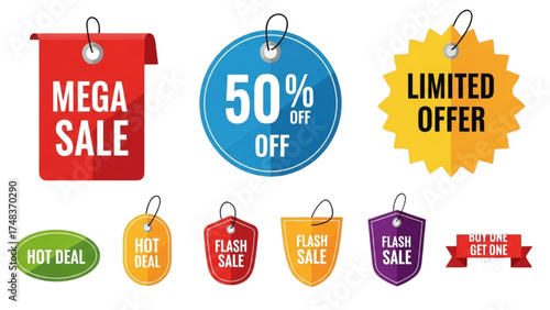 Mega Sale Tag Vector Icons – Minimalist Price Tags with ‘50% Off,’ ‘Limited Offer,’ and Promotional Labels for Web and Mobile