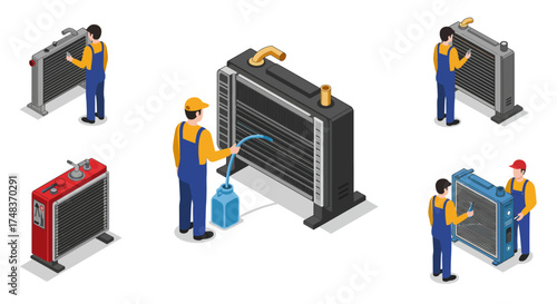 Isometric radiator maintenance with workers in uniform performing repairs