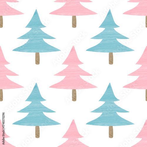 Watercolor Christmas Pine Trees Seamless Pattern Pink Blue Festive Winter Holiday Background
