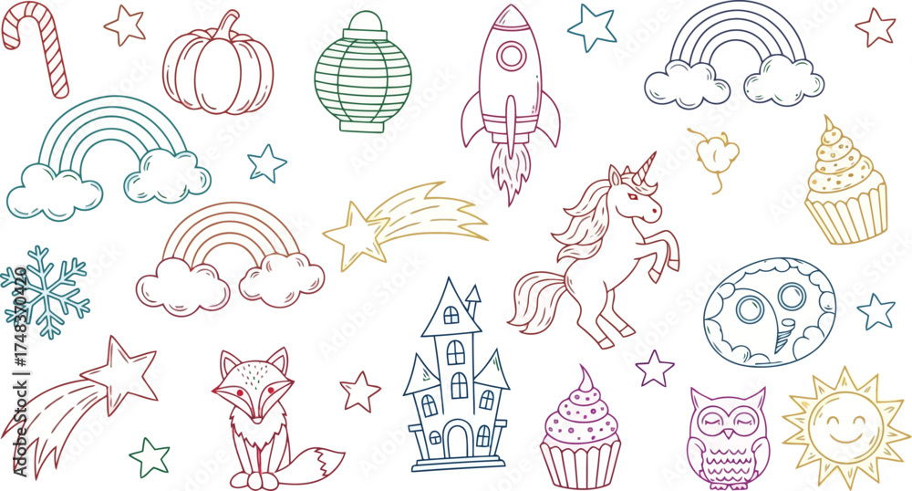 Fototapeta premium Vector art of whimsical doodle collection featuring a rocket, unicorn, fox, and rainbow