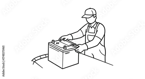 Worker handling car battery line drawing for automotive maintenance