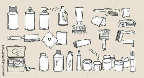Hand drawn cleaning and painting supplies on beige background