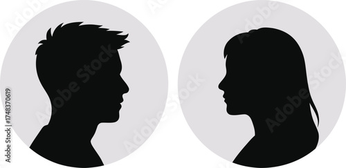 Two facing profile silhouettes in circles on transparent background