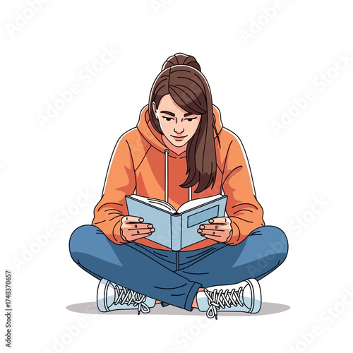 Engaged young woman comfortably reading an open book while sitting cross legged, promoting learning and relaxation.