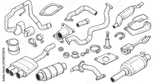 Detailed car exhaust system components in hand-drawn style for mechanical des…