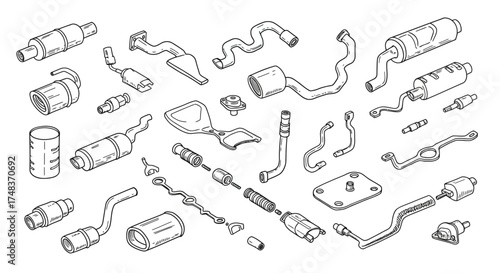 Detailed sketch of car exhaust and engine components for mechanical design pr…