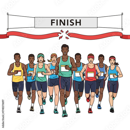 Diverse group of athletes races towards a triumphant finish line, breaking through the tape in a burst of energy and achievement.