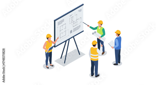 Construction planning meeting with engineers and architects in isometric style