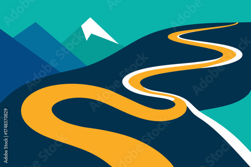 Winding road through mountains landscape illustration