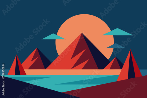 Geometric mountains and sun landscape illustration