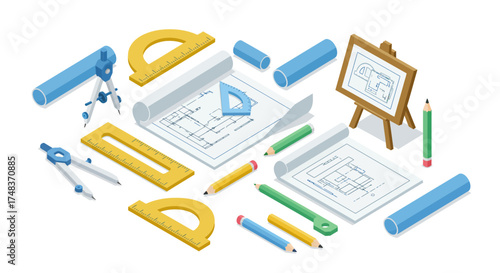 Architectural drafting tools and blueprints in isometric style