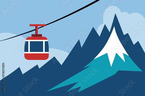 Red gondola above mountains on a cable in the sky