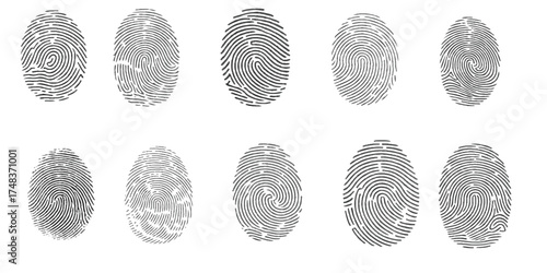 Unique Fingerprint Pattern on White Background for Forensic and Security Concepts,Collection of group fingerprints
