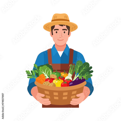 Smiling farmer proudly presents a bountiful basket overflowing with fresh, vibrant organic vegetables harvested from the farm