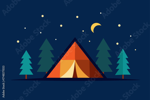 Camping tent under the night sky with trees around