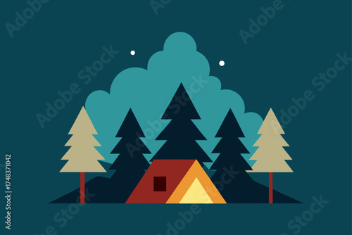 Illustration of camping scene with tent and trees