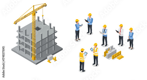Construction team meeting with building model in isometric design