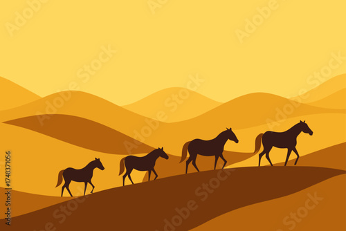 Horses walking across the desert landscape scene