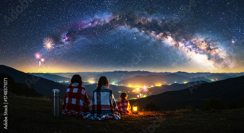 Family watching fireworks and milky way night sky stars mountain landscape celebration