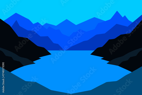 Blue landscape with mountains and water illustration