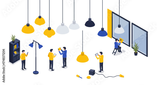 Isometric office lighting and teamwork scene with modern interiors and techno…