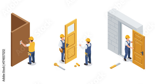 Isometric home renovation concepts with construction workers installing doors