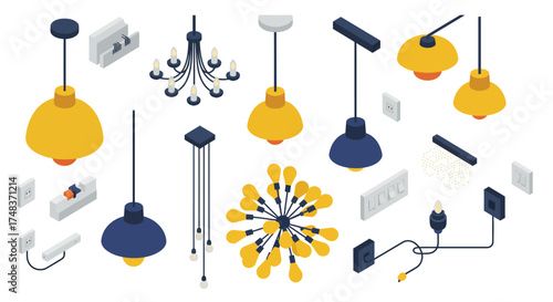 Modern isometric lighting collection with lamps, switches, and sockets