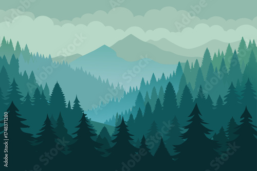 Illustration of a misty forest with mountain range
