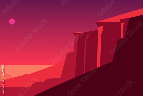 Illustration of a desert landscape with a pink moon