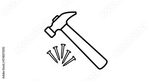 Simple outline hammer and nails for construction and diy projects