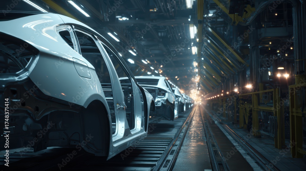 Fototapeta premium Realistic Automotive Assembly Line with Car Bodies in Production Process at a Modern Factory Setting with Advanced Technology and Equipment