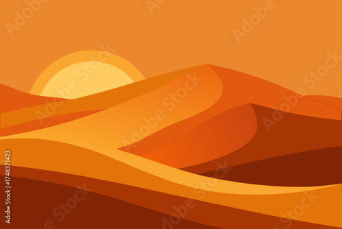 Illustration of desert landscape with rising sun view