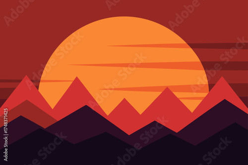 Illustration of sunset over mountain range landscape