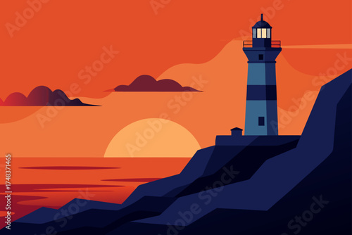 Illustration of a lighthouse at sunset on the coast