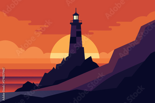 Lighthouse silhouette against a sunset landscape