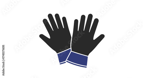 Flat design black work gloves with blue cuffs on white background