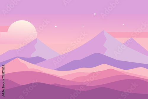 Pastel mountains landscape with sun and stars view
