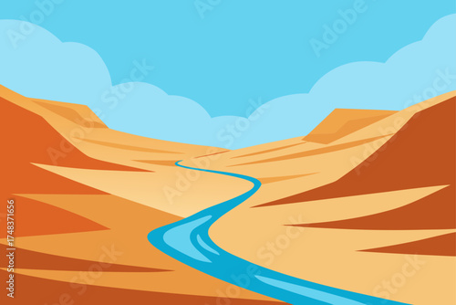 Cartoon desert landscape with river and cloudy sky
