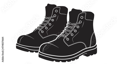 Detailed silhouette of rugged hiking boots with laces on white background