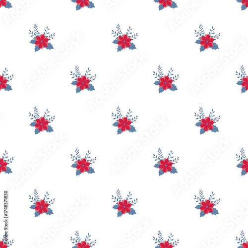 Wallpaper Mural Red Floral Bouquet Pattern With Blue Leaves On White Background — Seamless Repeat Torontodigital.ca