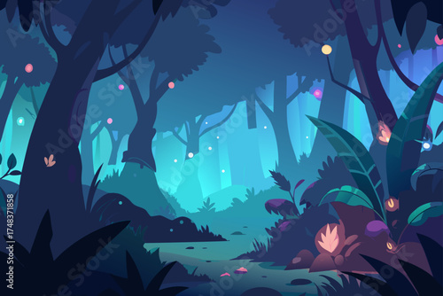 Illustration of a dreamy forest with glowing lights