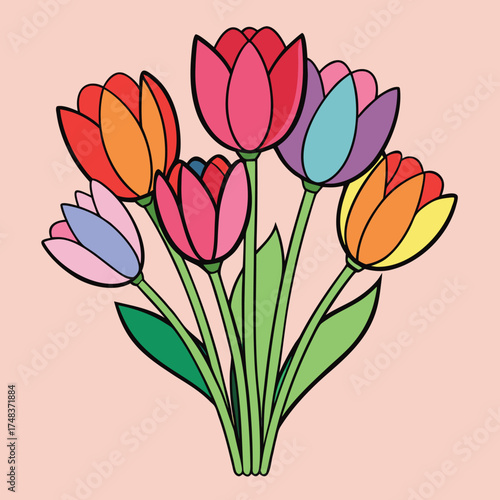 Elegant tulip bouquet illustration with a mix of outline and solid fill styles