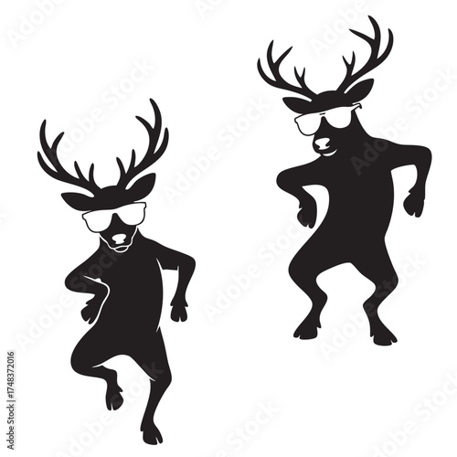 Funny Dancing Reindeer with Sunglasses Silhouette Vector Illustration Set. Christmas Party Concept.