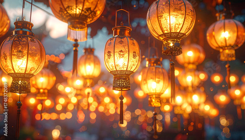 Wallpaper Mural Golden Lanterns: A captivating scene of glowing golden lanterns illuminates the dusk with enchanting, showcasing an ancient culture's art. Torontodigital.ca