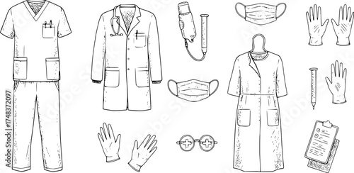 Medical Professional Attire: Hand-Drawn Scrubs, Lab Coat, Gown, Mask, Gloves Icons
