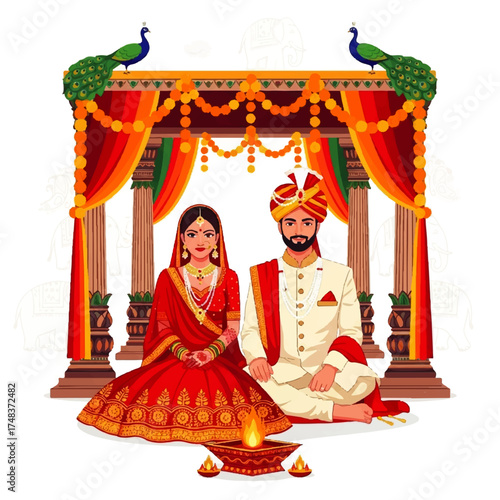 Indian Wedding Couple Celebrating Traditional Rituals Under a Decorated Mandap with Peacock Accents